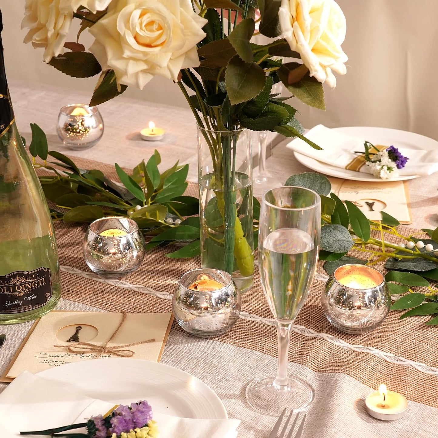 Homemory 24 Pcs Silver Votive Candle Holders, Round Mercury Glass Candle Holder, Tealight Candle Holders for Table Centerpieces, Baby Shower, Anniversary, Wedding, Home Decor, Halloween, Christmas