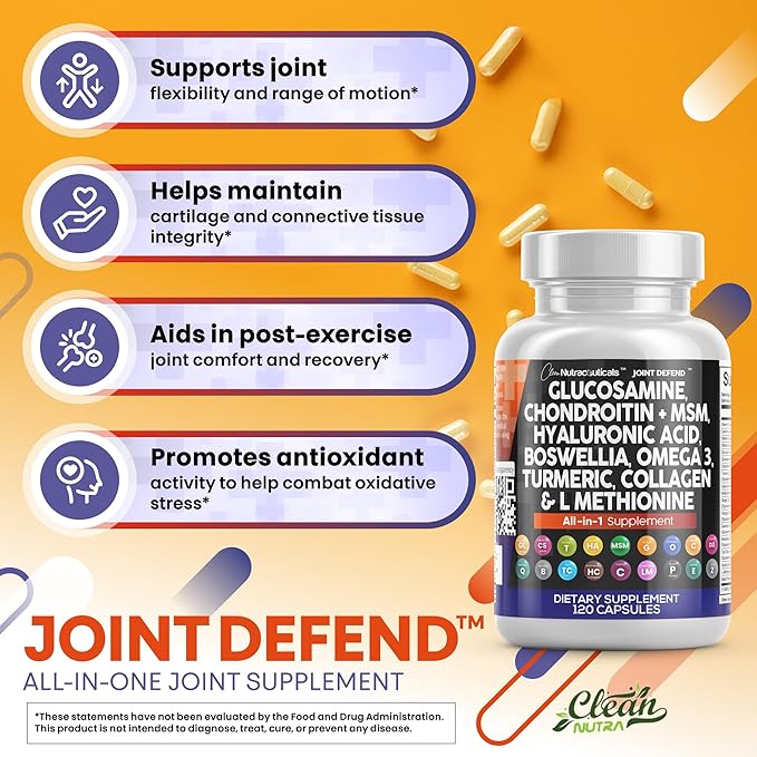 Clean Nutraceuticals Glucosamine Chondroitin MSM 1500mg with Turmeric Curcumin, Collagen, Hyaluronic Acid, Omega 3 – Joint Health Supplement for Men & Women – Joint Complex – 120 Count