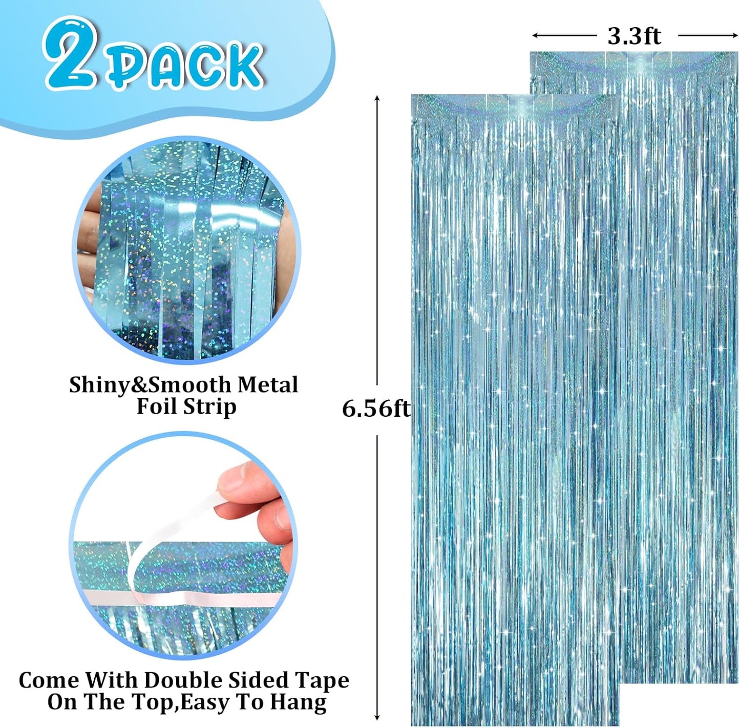 2 Pack Laser Light Blue Foil Fringe Curtains, Tinsel Streamers Birthday Party Decorations, Fringe Backdrop for Kids Birthday, Sea, Blue Theme Party