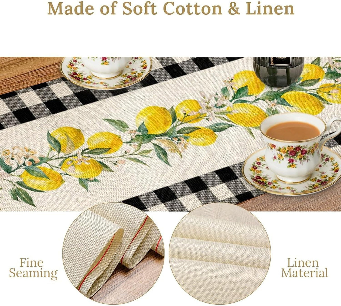 Lemon Table Runner,Black Buffalo Plaid Lemon Table Runner Farmhouse Style Spring Summer Home Kitchen Dinding Room Table Decoration 13x108 Inch