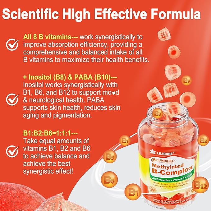 Super Methylated Vitamin B Complex Gummies - All B Vitamins + Omega-3, Magnesium, CoQ10, Ashwagandha,Vitamin C, TMG- For Women Men- Methyl B12 2000 mcg, Methylfolate, B1,B2, B3,B5,B6,B7- Sugar Free