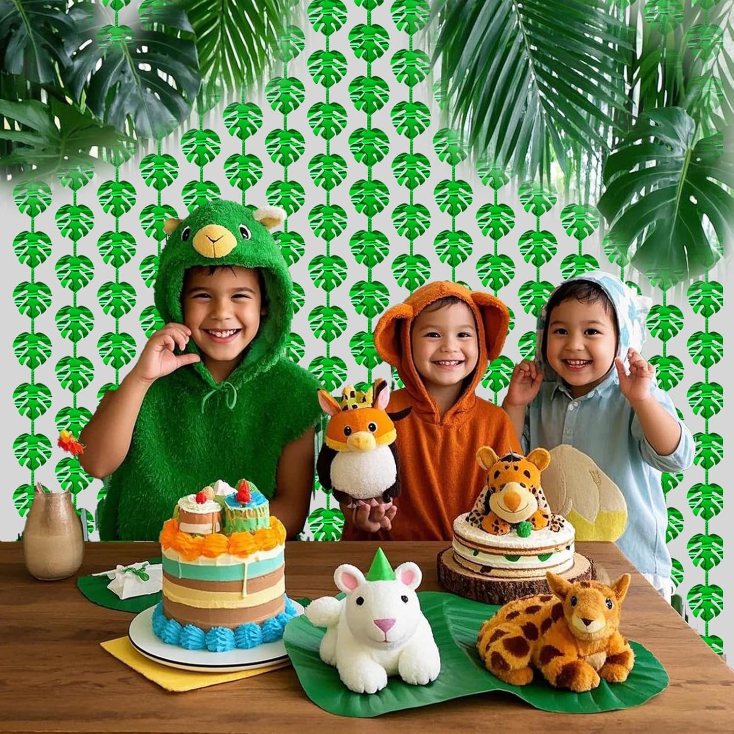 2 Packs Jungle Leaf Foil Fringe Curtain, Green Glitter Tropical Palm Leaves Metallic Tinsel Backdrop for Safari Birthday, Baby Shower, Hawaiian Aloha Luau Party Decorations Supplies