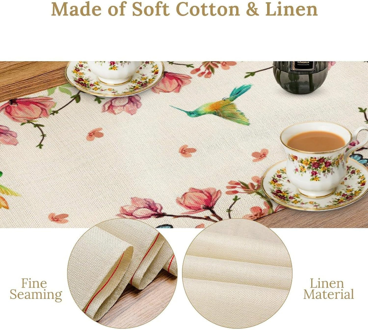 Vintage Watercolor Flower Hummingbird Table Runner Seasonal Spring Garden Plants Birds Florals Farmhouse Country Kitchen Dinner Runner Dining Table Decoration 13"x90"