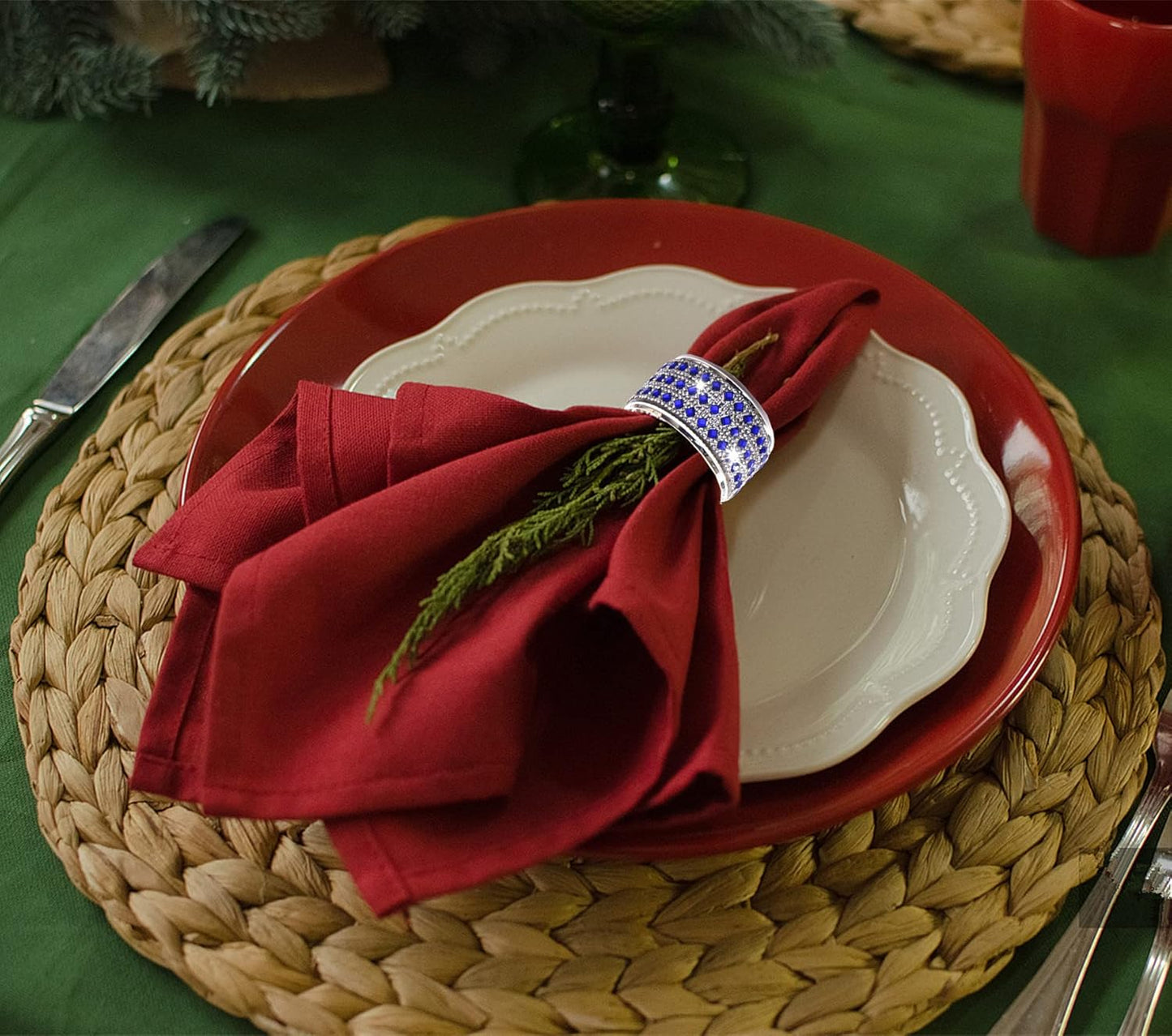 Rhinestone Napkin Ring Diamond Napkin Rings Stainless Steel Blue Crystal Napkin Holder Set of 12 for Dinner, Wedding, Party, Holiday, Banquet,Everyday Table Setting Home Decor