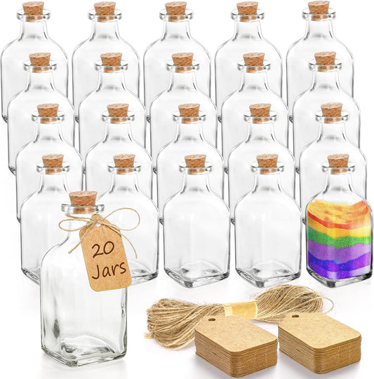 ZOOFOX 20 Pack Glass Bottles with Cork Stoppers, 3.4 oz Small Vintage Style Favor Jars, Clear Empty Cork Bottles for Party Favors, DIY Crafts, Extra Tags and String