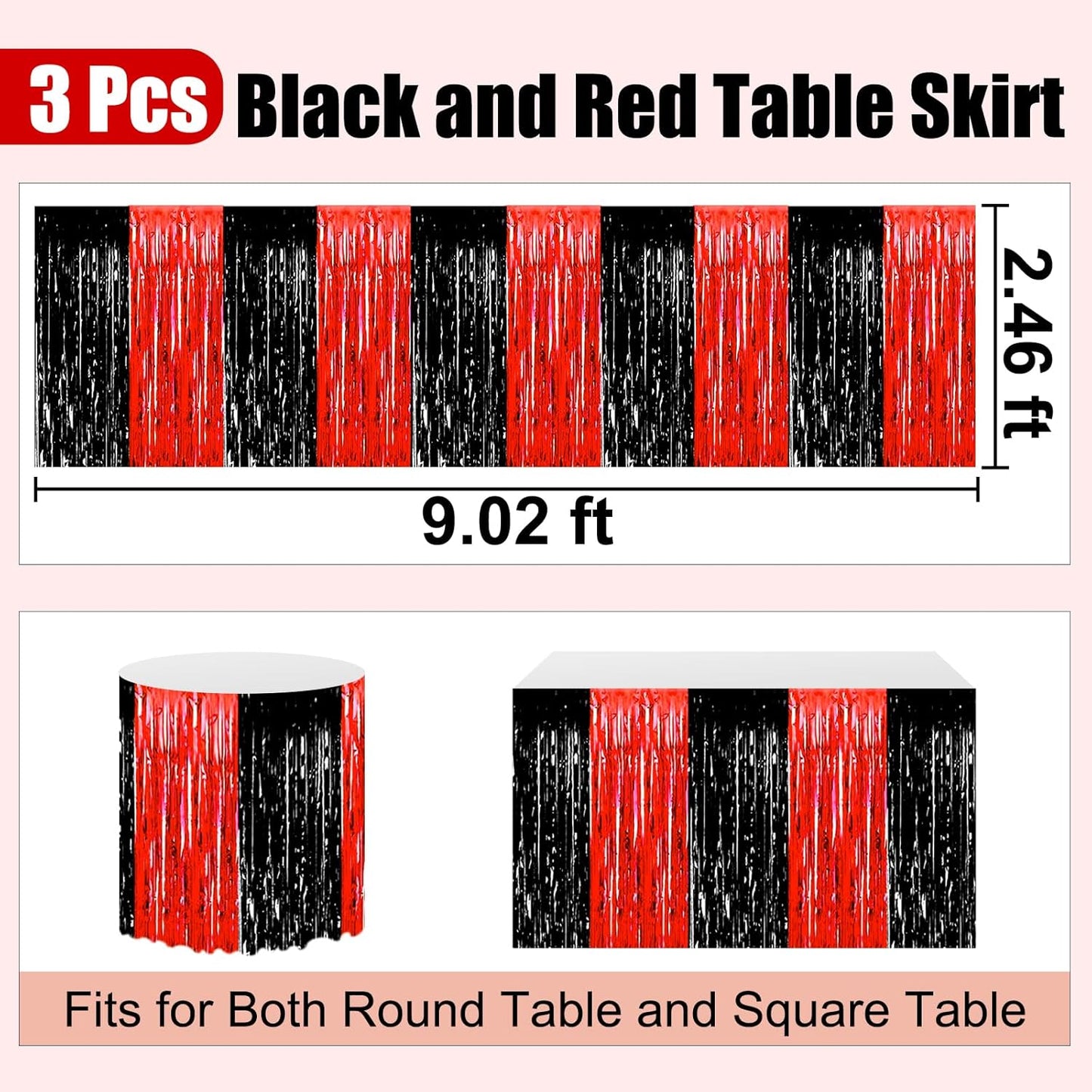 3 Pack 29 x108 Inch Black Red Foil Fringe Table Skirts Metallic Banner for Tinsel Streamer Garland Backdrop for Parade Floats Wedding Thanksgiving Birthday Christmas New Year Party Decoration