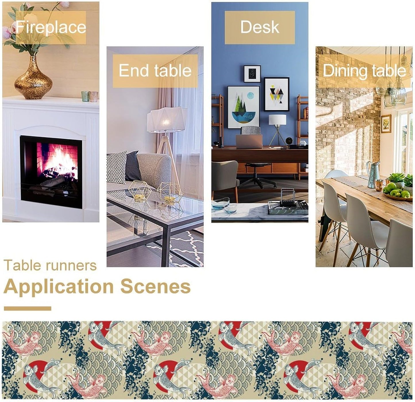 Japanese Table Runner Oriental Tradition Kio Fish Art Printed Burlap Runner Home Kitchen Dining Table Living Room Decor Fabric 1 Panel W13xL90in