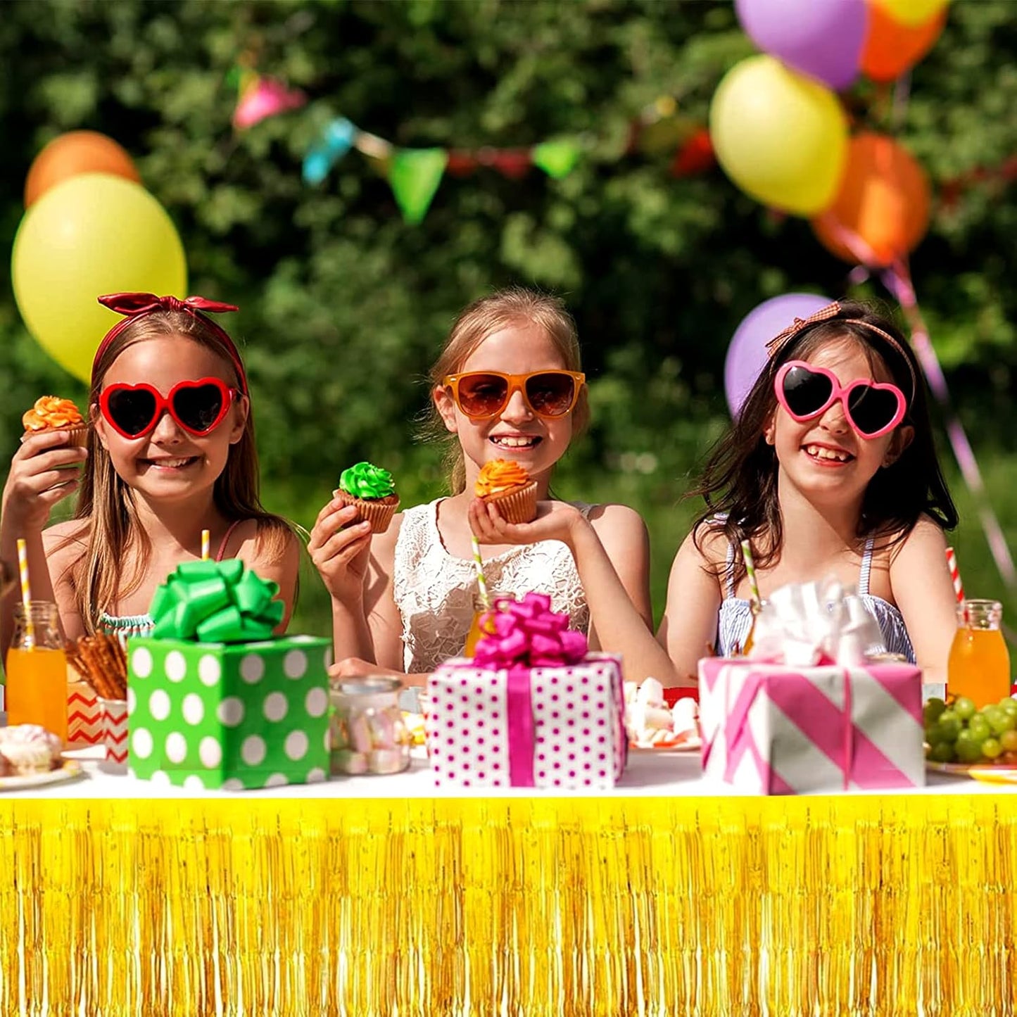 4 Pack 29x108 Inch Metallic Foil Fringe Tinsel Table Skirts for Rectangle Tables Streamer Curtains Backdrop for Wedding, Birthday, Parade Floats, Christmas, Halloween Party Decoration(Gold)