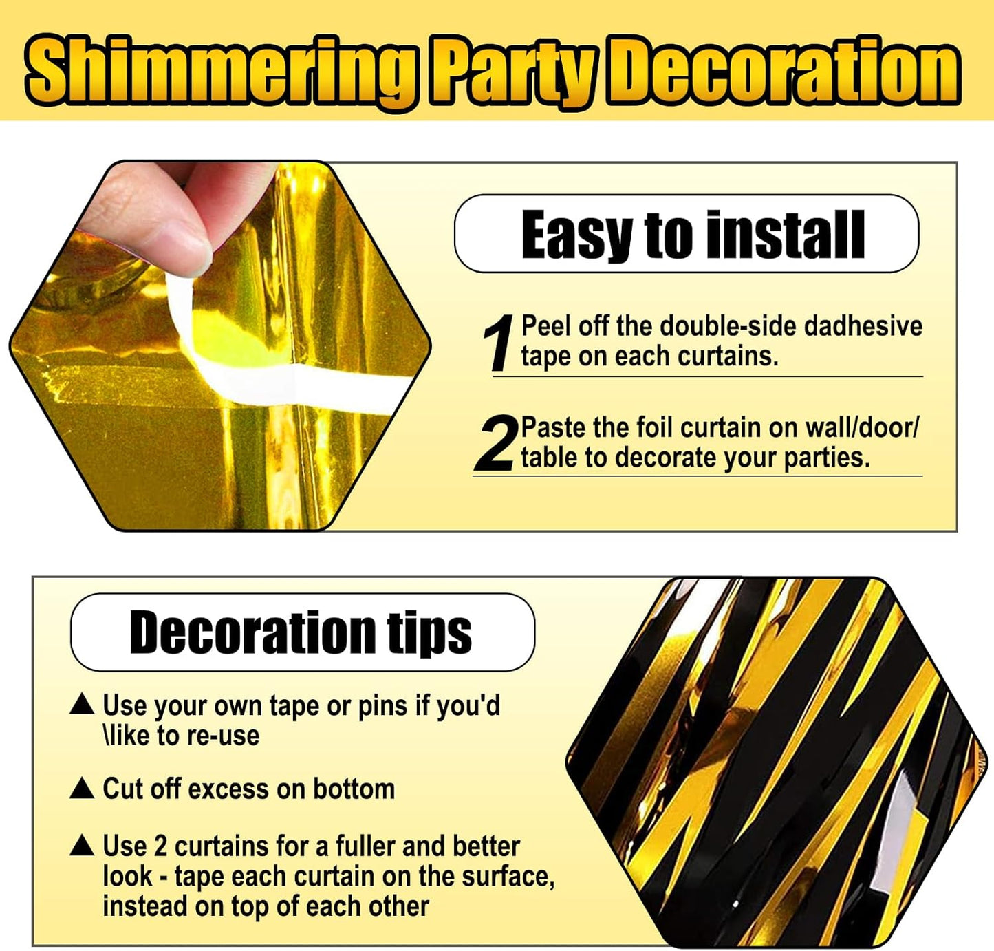 3 Pack Black Gold Foil Fringe Curtain Backdrop, 3.28Ft x 8.2Ft Metallic Tinsel Foil Fringe Streamer Curtains for Photo Booth, Christmas Day, Thanksgiving, Wedding, New Year Party Decorations