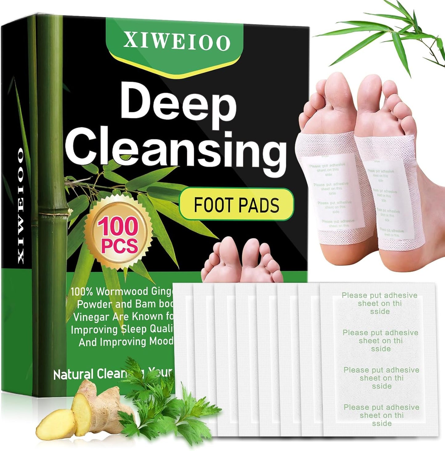 100 Foot Pads Natural Bamboo Vinegar Gingerr | Deep Cleansing Foot Paches for Stress Relief for Stress Relief, Better Rest, Feet Health Patches, Relaxing Muscles