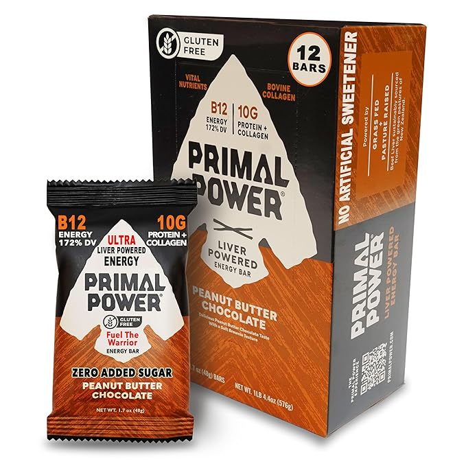 Primal Power Liver Powered Nutrition Bars - B12 Energy Boost, 10g Protein, Vitamins, Minerals, Collagen, Zero Added Sugar, Gluten Free - Pack of 12 (Peanut Butter Chocolate Flavor)
