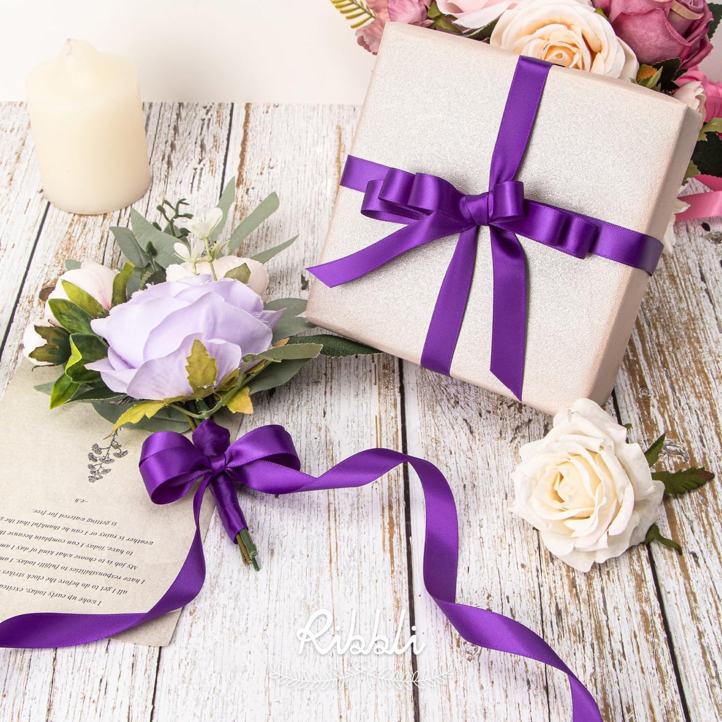 Ribbli Purple Satin Ribbon 5/8 inch x Continuous 25 Yards,Double Faced Satin Use for Craft, Gift Wrapping, Christmas Ornaments, Hair Bows, Bouquet Bows