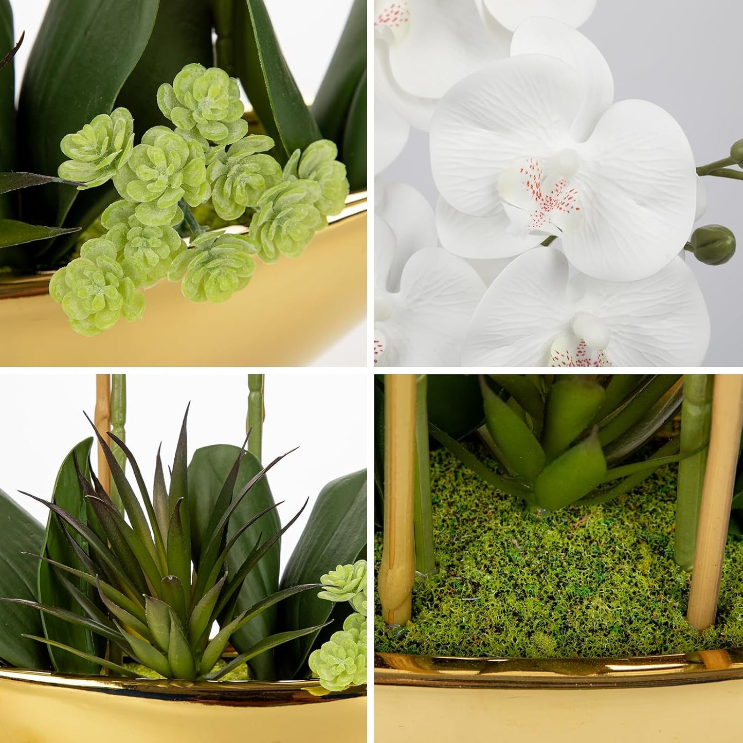 Briful Orchid Artificial Flowers 17in White Fake Orchid Silk Flowers with Gold Ceramic Pot Faux Orchid Arrangement for Home Office Room Coffee Table Centerpiece Modern Decoration