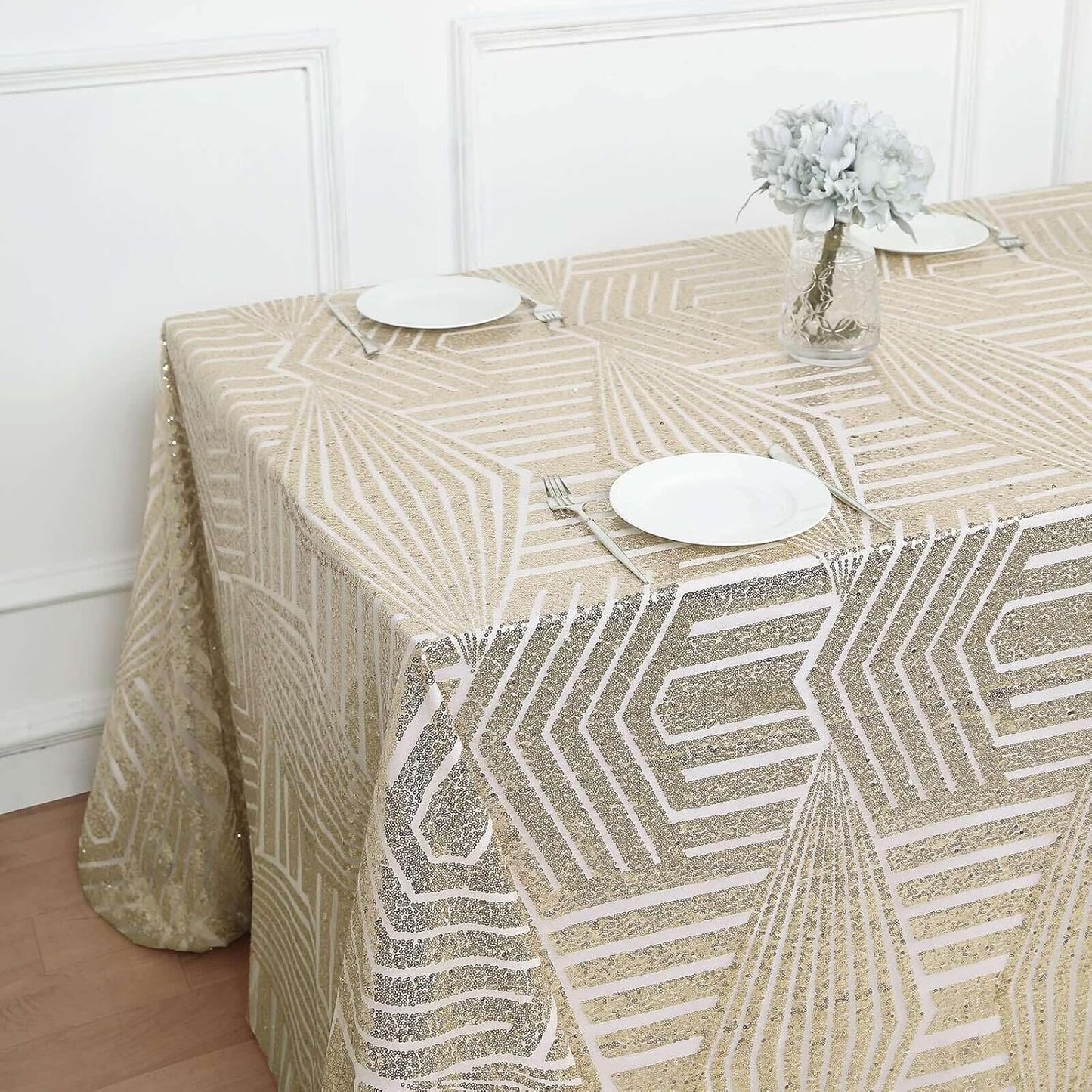 Efavormart 90"X132" Champagne Sparkly Sequin Geometric Tulle Rectangular Tablecloth