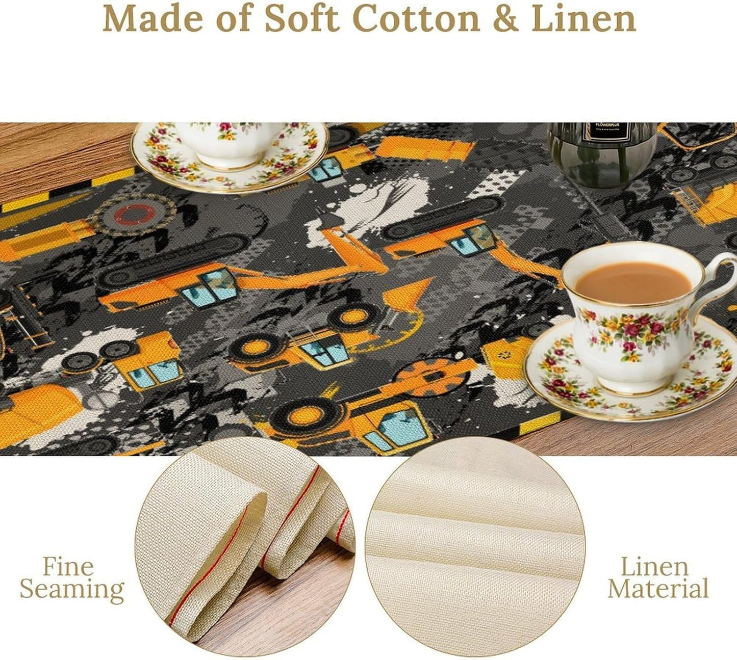 Cartoon Car Table Runner,Boy Kids Construction Yellow Tractor Excavator Tablecloth Burlap for Hotel Indoors Outdoor Dining Room Kitchen Home Decor,W13X L90 in