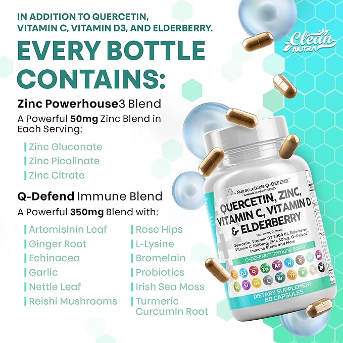 Clean Nutraceuticals Quercetin Zinc Vitamin C Vitamin D Bromelain Elderberry - Lung Immune Support Supplement Adults with Artemisinin, Sea Moss, Echinacea, Allergy Relief