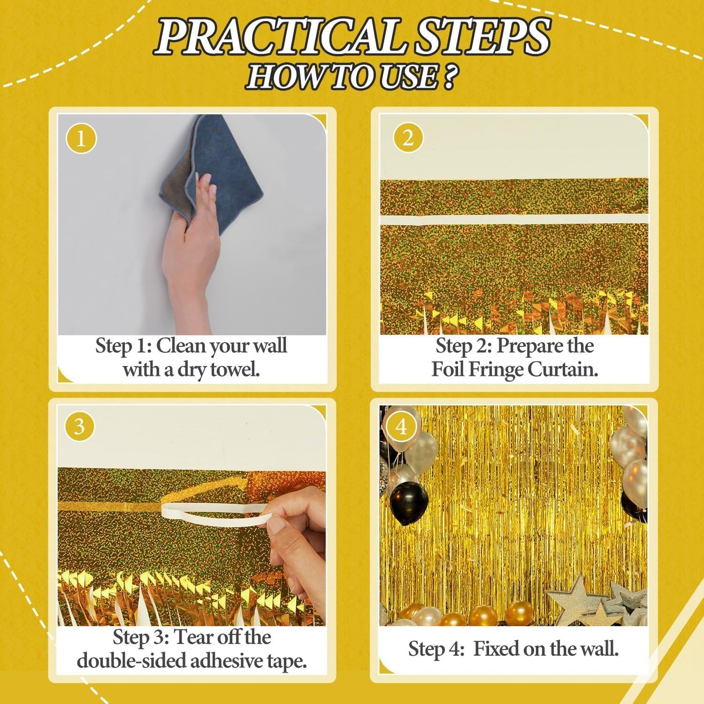 3 Pack Foil Fringe Backdrop - Laser Gold Shiny Tinsel Curtains for Party Decoration/Photo Booth Props - 3.3x8.2 FT Metallic Foil Backdrop for Birthday, Wedding, Graduation, Christmas.