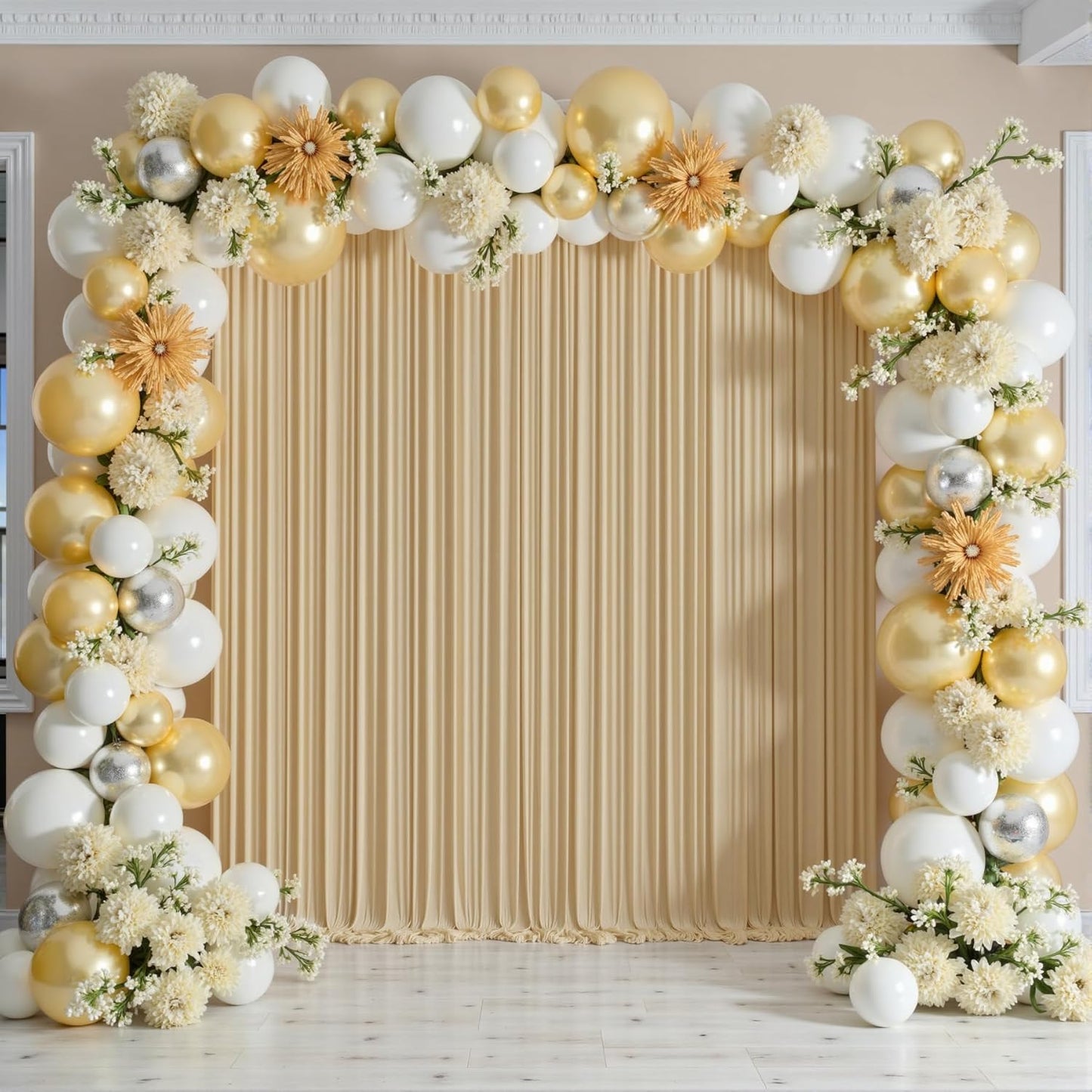 20ftx12ft Wrinkle Free Beige Backdrop Curtain, 4 Panels 12FT Height Beige Wedding Backdrop Drapes, Silky Polyester Back Drop Cloth for Birthday Photography Background Party Backdrop Draping