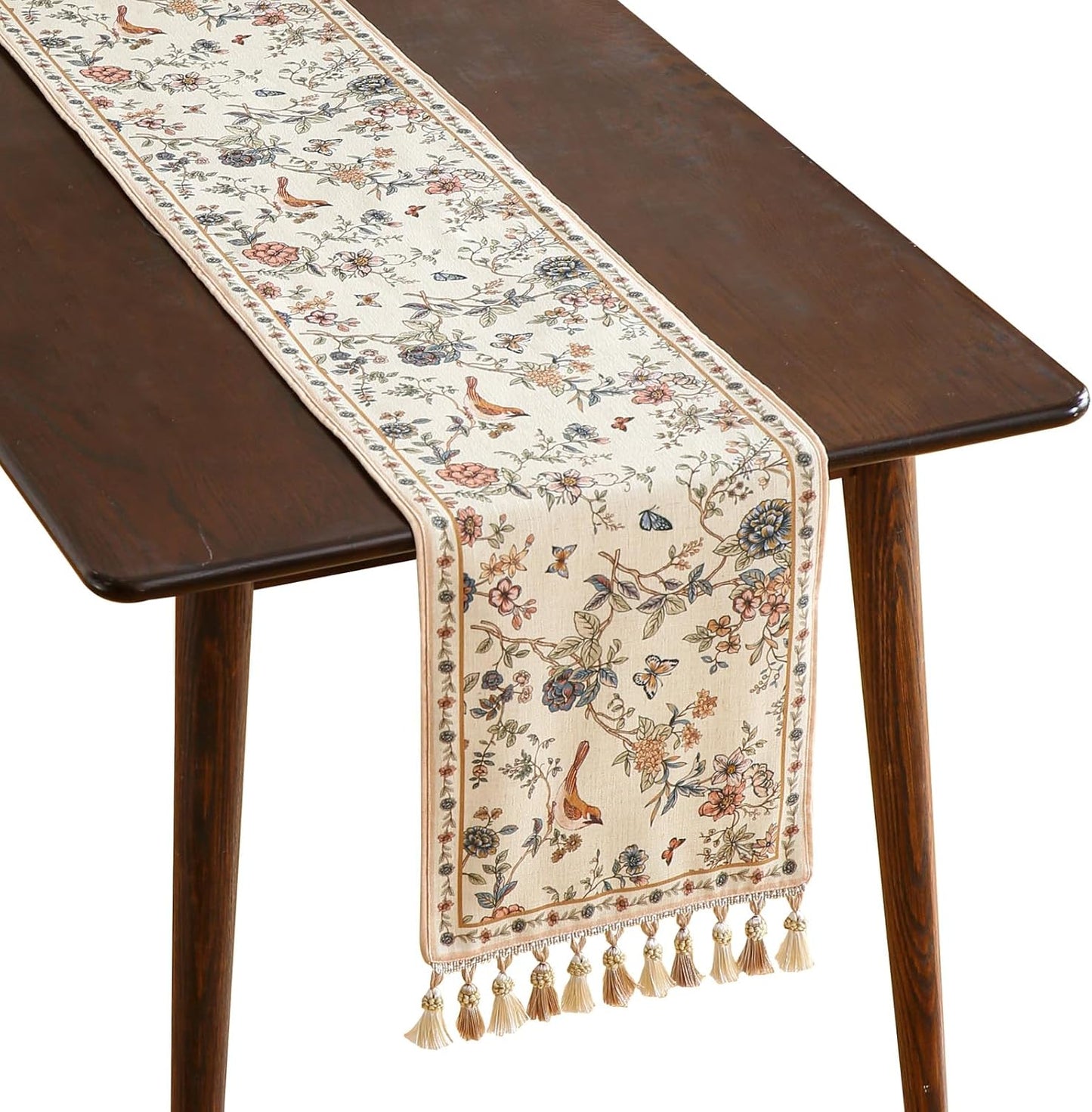 ISAENNE Designer Linen Table Runner 87 Inches Long,Elegant Floral Bird Pattern Table Runners for Dining Room,Farmhouse Rustic Kitchen Decor,Thanksgiving,Christmas,12"*87"-Cornucopia