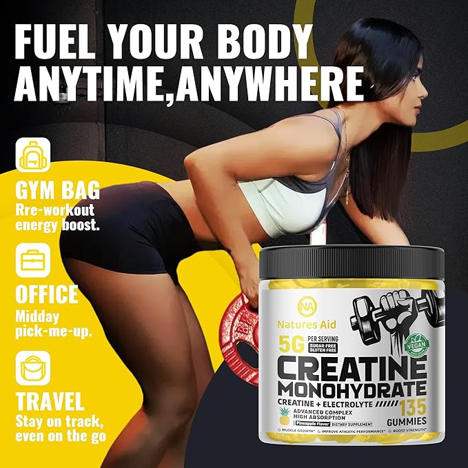 Creatine Monohydrate Gummies (5g) – Pre-Workout Energy & Muscle Growth Support for Men & Women | Orange Electrolyte Gummies (135 Count)