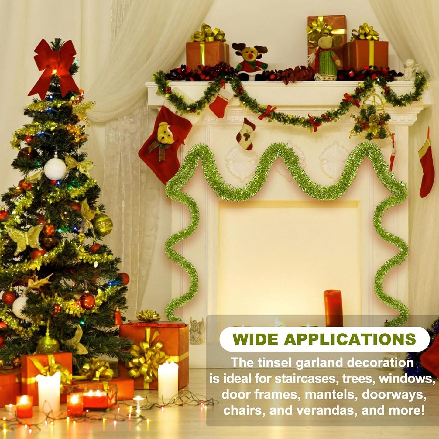 25 Feet Light Green Christmas Tinsel Garland, Metallic Foil Twist Banner Wall Hanging Tinsel Streamers Backdrop for Parade Floats, Christmas, Mother's Day, Birthday Party Decorations(4in x 25ft)