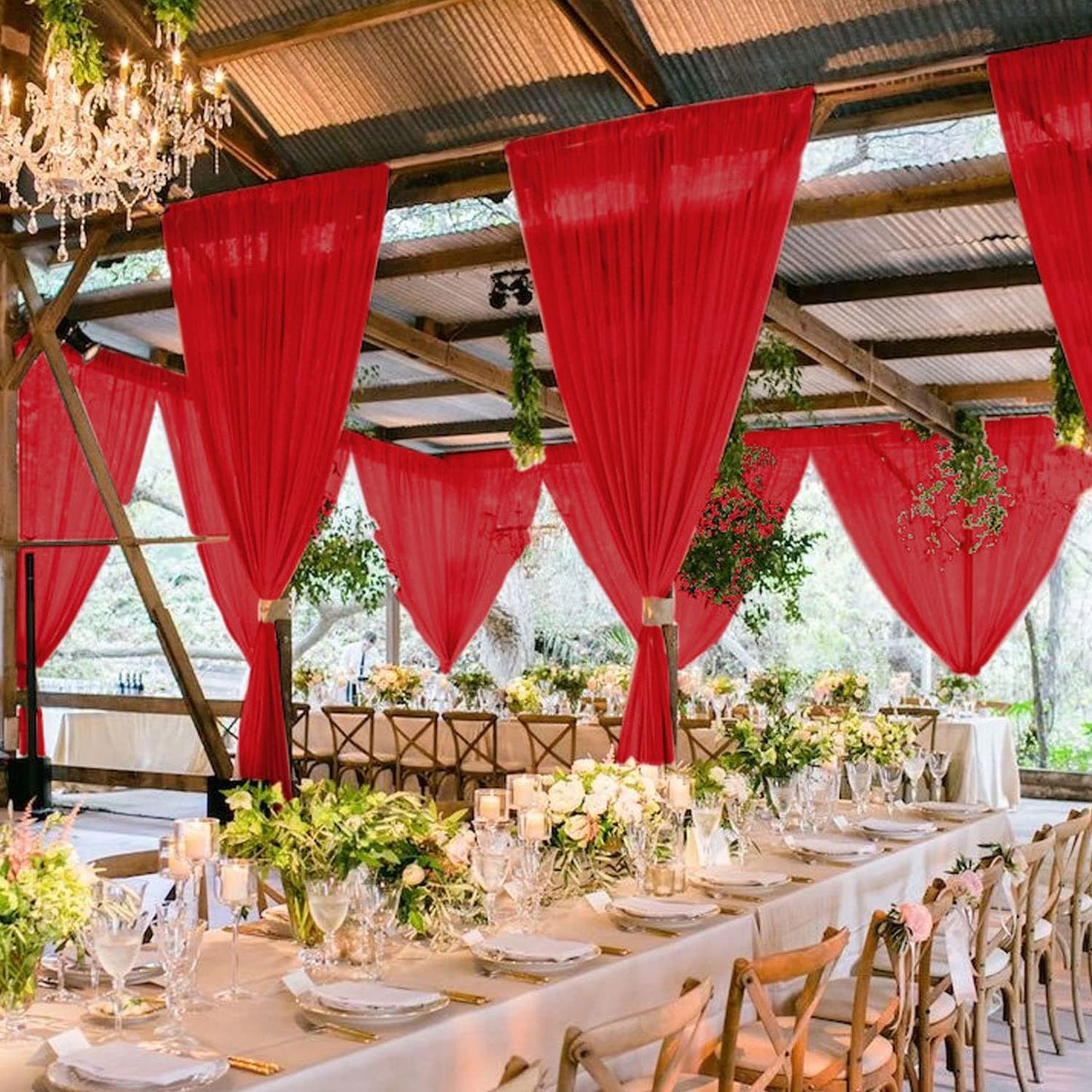 MODFUNS Ceiling Draping Red Ceiling Drapes for Parties 5x30FT 2 Panels Chiffon Sheer Draping Fabric for Wedding Arch Drapery Curtains Tulle Arbor Drapes for Wedding Reception Birthday Curtains