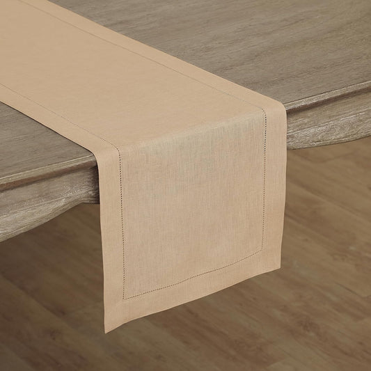 Solino Home Linen Hemstitch Table Runner 60 Inches - 100% Pure Linen Beige Table Runner 14 x 60 Inch Ideal for Dresser and Coffee Tables - Fall, Autumn, Thanksgiving, Christmas - Classic Hemstitch