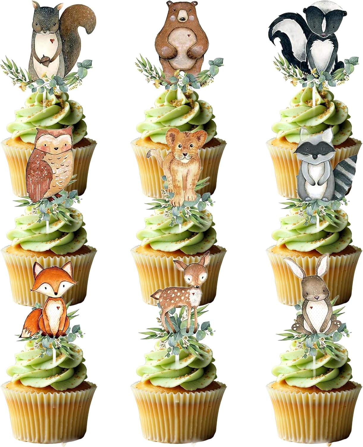 54-Piece Woodland Animal Cupcake Toppers – Neutral Forest Creatures Cake Picks for Baby Shower & Gender Reveal Party Decorations, Multicolor Fox, Deer, Owl & Bear Designs