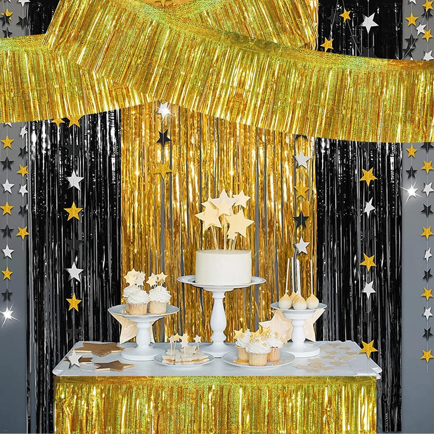 BEISHIDA 3 Packs 30 Feet Metallic Foil Fringe Garland Tinsel Streamers，Laser Gold Wall Hanging Tinsel Fringe Banners for Wedding Birthday Party Decoration Halloween Christmas New Year