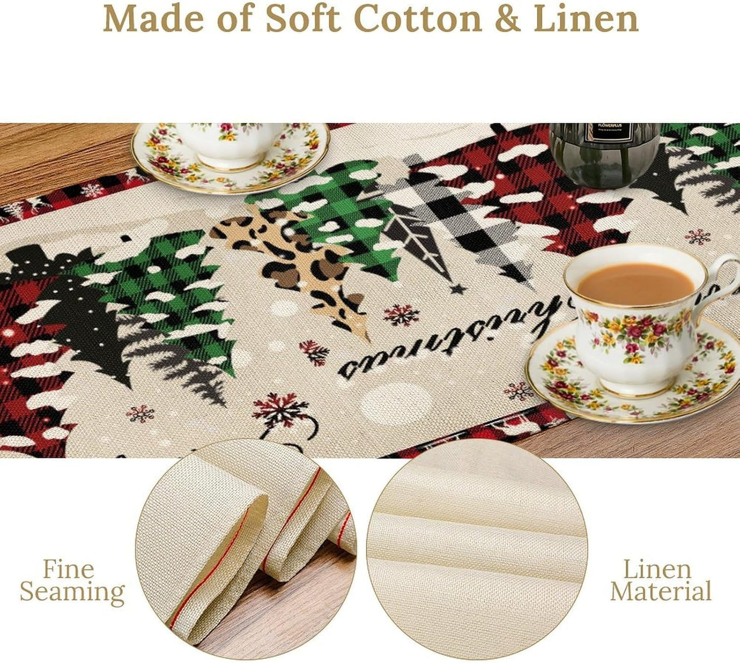 Christmas Tree Table Runner,Farmhouse Xmas Trees Buffalo Plaid Winter Snowflake Tablecloth Burlap for Hotel Indoors Outdoor Dining Room Kitchen Home Decor,W13X L60 in