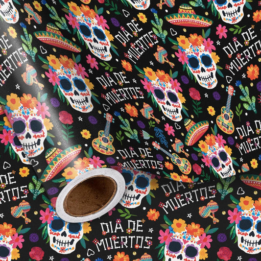 LeZakaa Day of the Dead Wrapping Paper Roll, Colorful Sugar Skulls Maracas Flowers Sombreros Design, Día de Muertos Gift Wrap in Black, Mini Roll 17 in x 16.4 Ft
