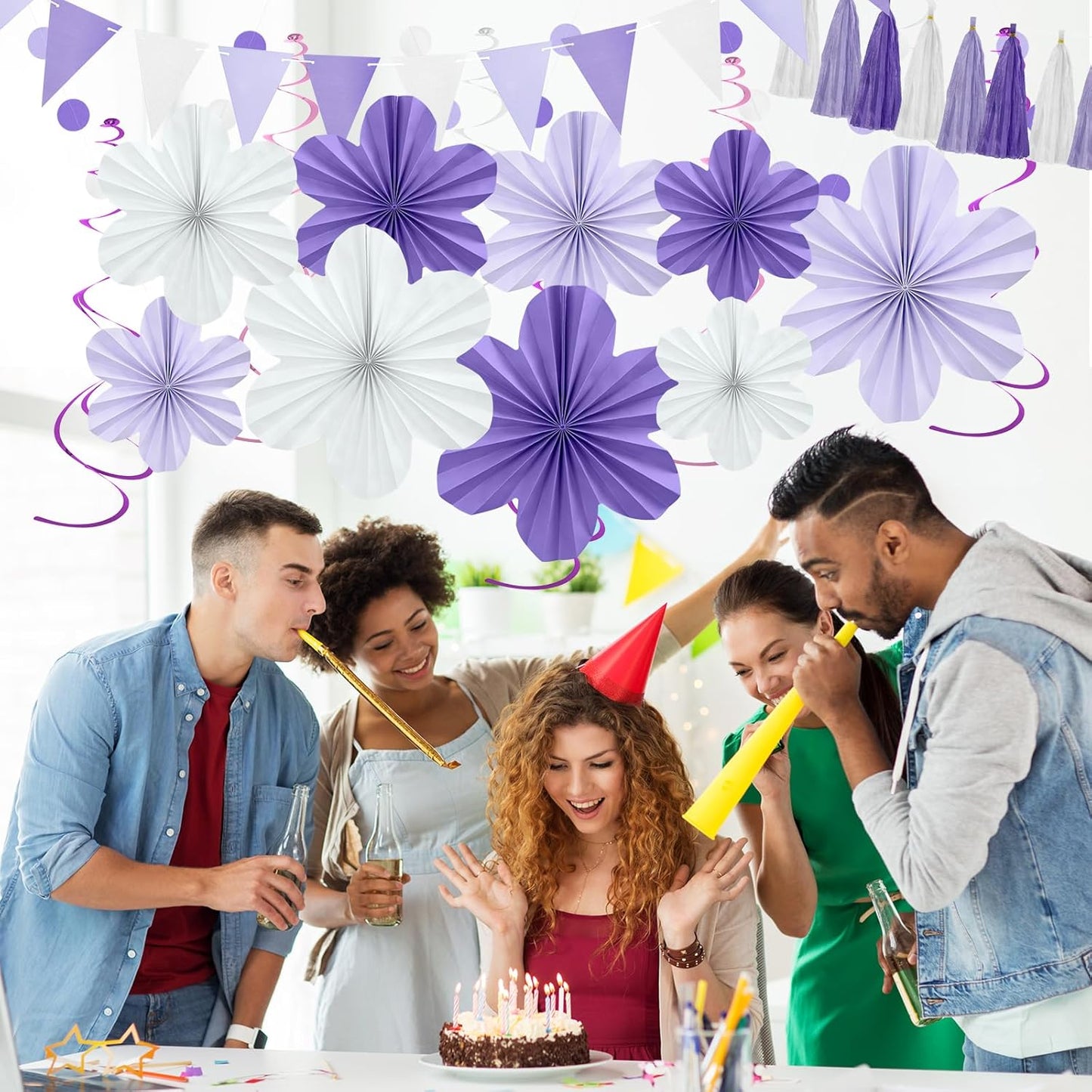 Lavender Birthday Party Decorations - Purple White Party Decorations with Hanging Paper Flowers,Tassel Garland and Swirls for Women Girl, Baby Showers Wedding Bachelorette Party Supplies