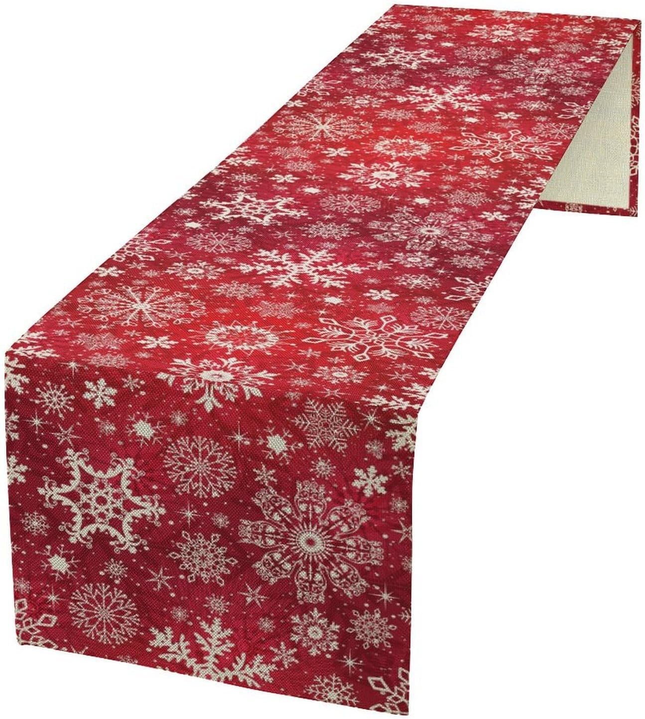 Snowflakes Christmas Table Runner, Winter Holiday Red Table Cloth Kitchen Dining Table Decoration for Home Party Decor 13x70 Inch