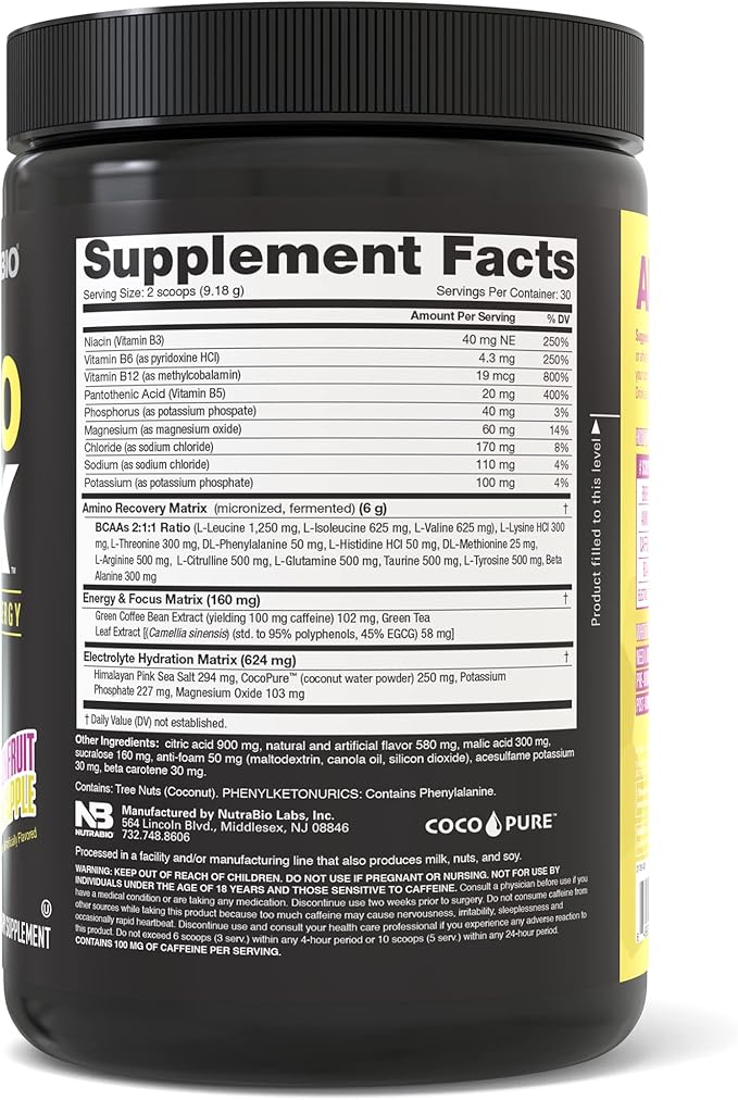 NutraBio Amino Kick – BCAA Powder with Natural Caffeine – Amino Acids Supplement for Energy, Hydration & Recovery – BCAAs, Electrolytes & Amino Acids – Pineapple Passionfruit, 30 Servings