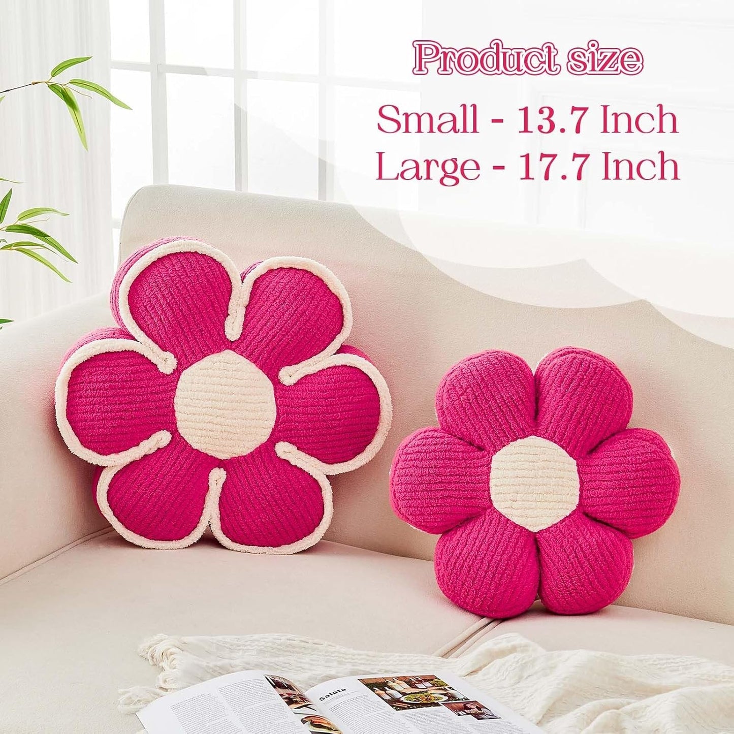 Flower Pillow, Soft Flower Decorative Throw Pillow, Cute Daisy Flower Shaped Seating Floor Cushion Room Décor Plush Pillows for Sofa Couch Bed (13.7 Inch, Hot Pink)