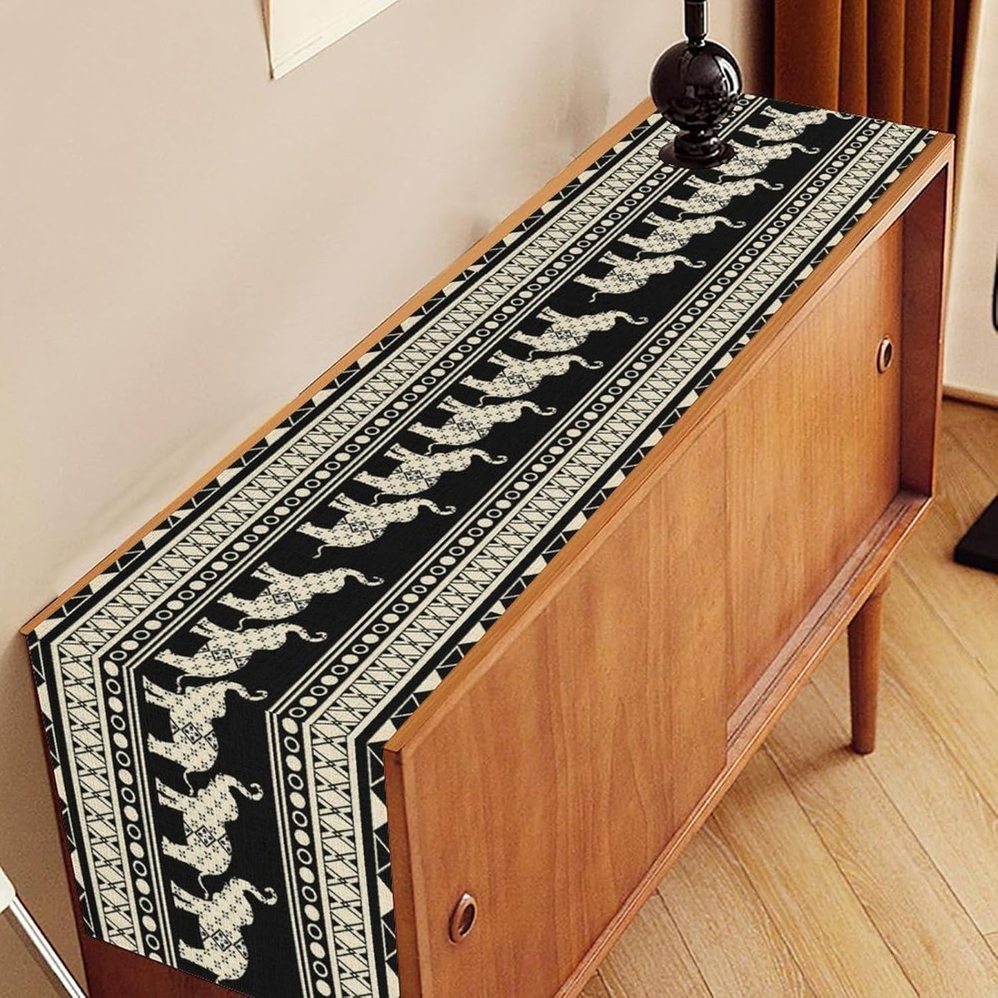 Ethnic Table Runner, Rustic Farmhouse Boho Geometric Elephant Aztec Tribal Print Black Table Center Decor for Home Kitchen Dining Patio Holiday Party Indoor Outdoor Table Decorations, 13"x90" Inch