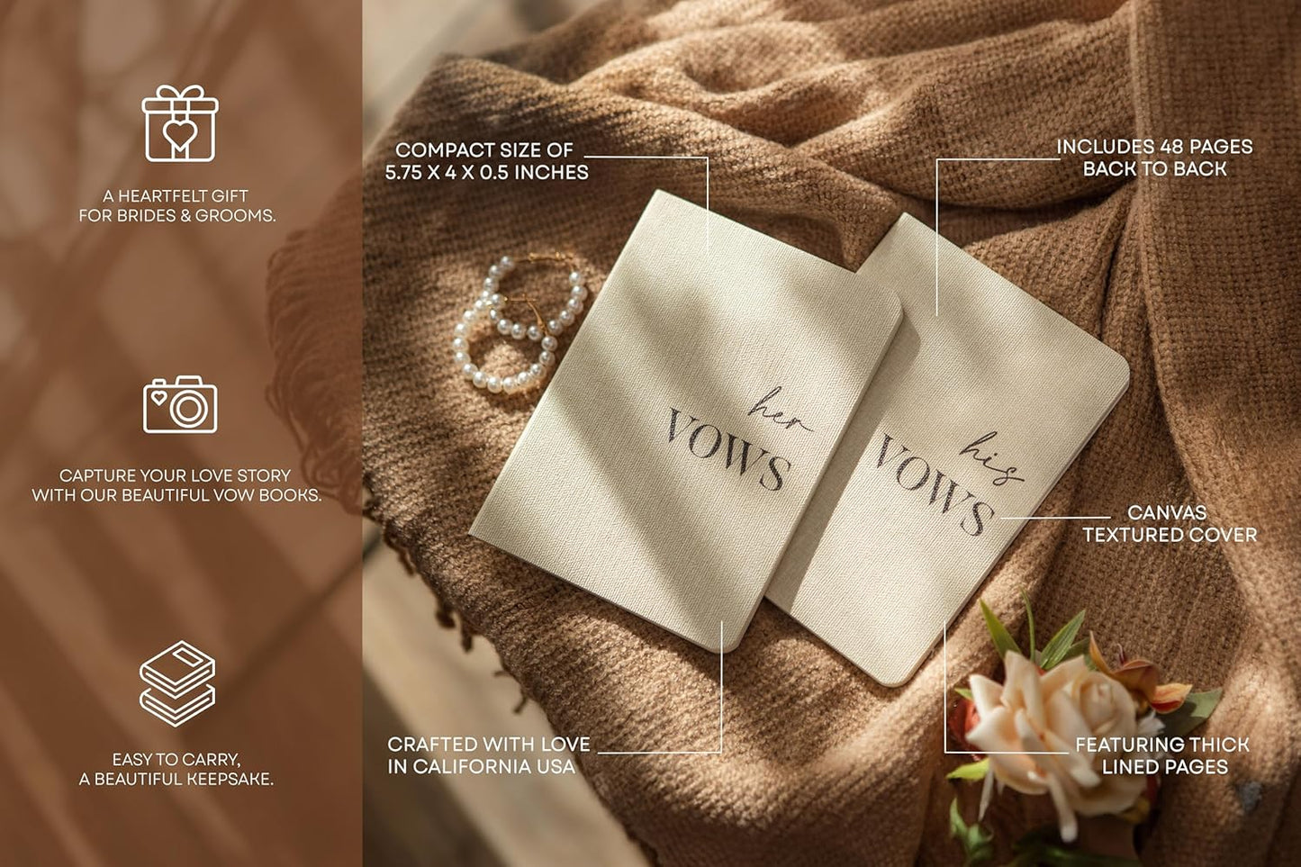 Slim Vow Books (Set of 2 - Design 1) - Soft Cream Canvas Linen Textured Cover Wedding Vow Booklets, Ceremony Speech Promise Notebook Journal, Gift for Newly Engaged Couple, 48 Lined Pages, 5.75" x 4"