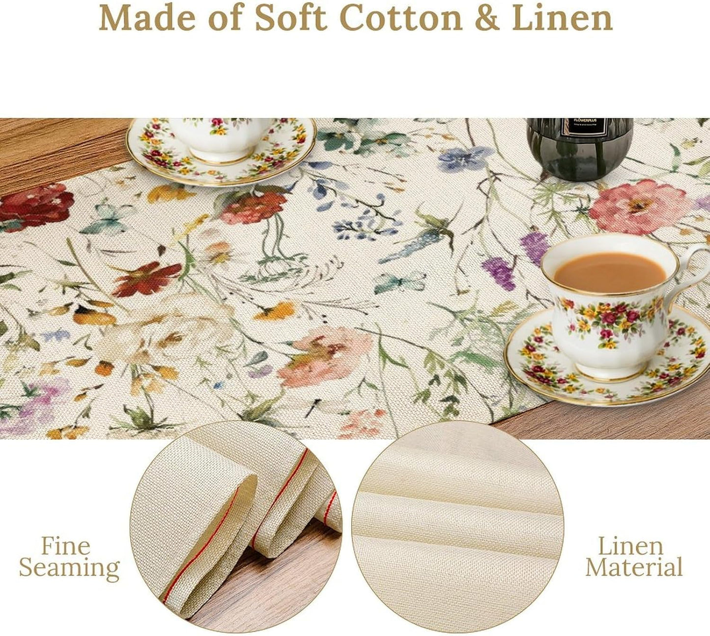 Floral Butterfly Table Runner,Rustic Colorful Flower Botanical Watercolor Pattern Print Burlap for Hotel Indoors Outdoor Dining Room Kitchen Holiday Party, 13x90in