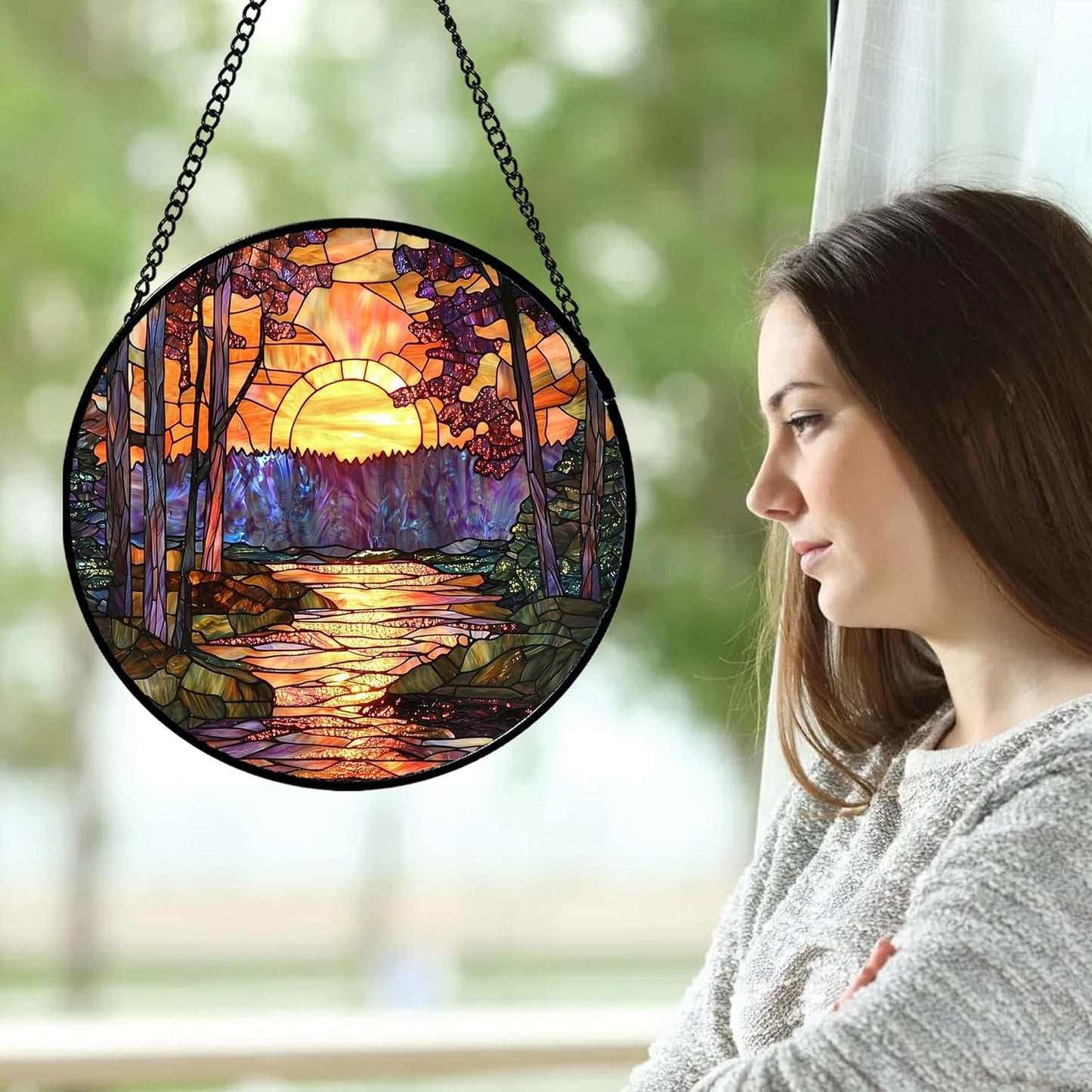 Stained Glass Window Hanging, Orange Landscape Green Purple Lake Forest Suncatcher for Doors Window Home Sun Catchers Decor Mother's Day Birthday Gifts for Women Men Mom 9.8 in