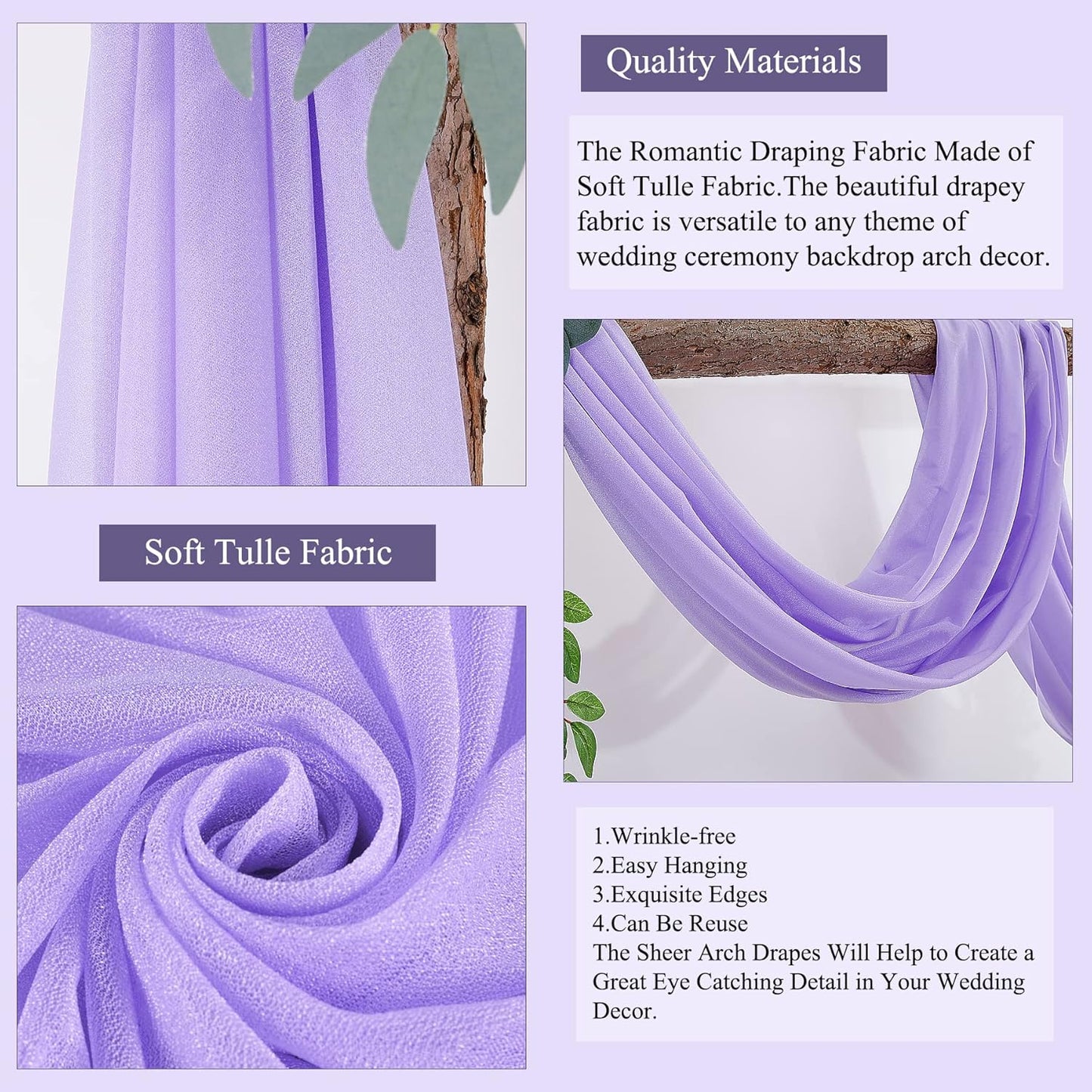 Lavender Wedding Arch Draping Fabric Purple Sheer Wedding Arch Drapes for Ceremony Bridal Party 19Ft Length x 28" Width 2 Panel