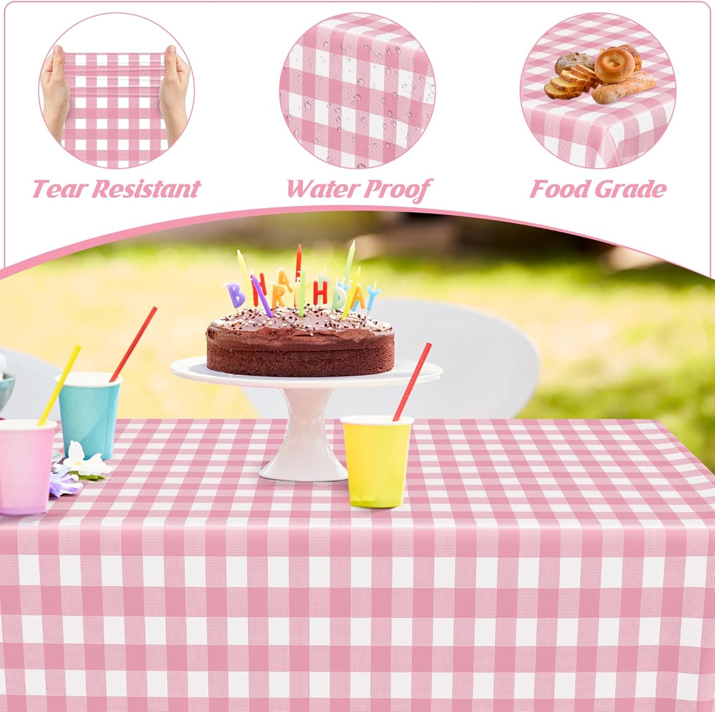 4Pack Pink Table Cloth, 54" x 108" Plastic Table Cloth Disposable, Waterproof Picnic Table Cover Checkered Rectangle Tablecloths for Indoor Outdoor Picnic Birthday Party Supplies Gathering BBQ Holiday