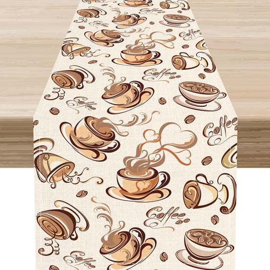 Coffee Time Table Runner, Farmhouse Retro Coffee Cup Tea Party Cafe Table Center Decor for Home Kitchen Dining Patio Holiday Party Indoor Outdoor Table Decorations,13"x108" Inch