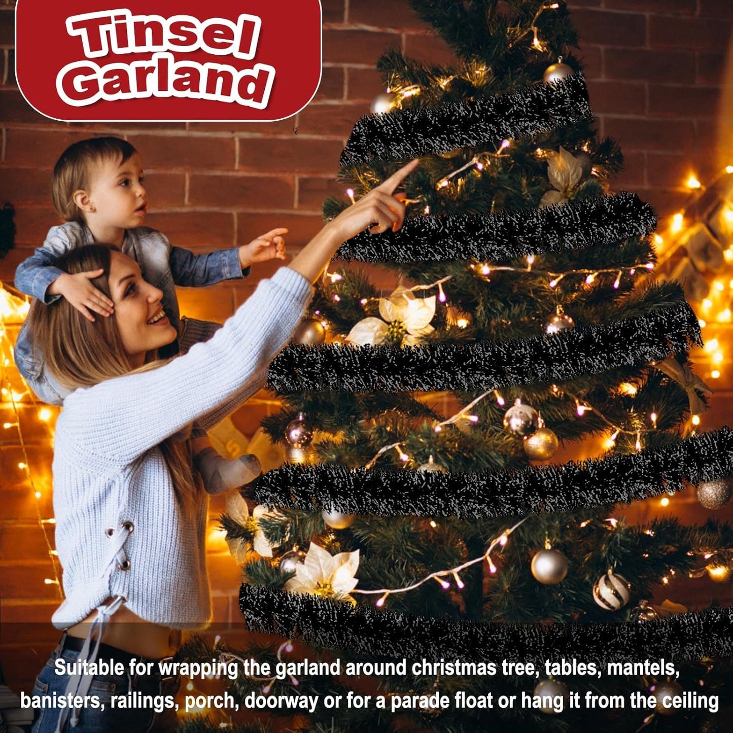 50 Feet Christmas Foil Fringe Banner Metallic Tassle Garland Metallic Backdrop Parade Floats Shiny Hanging Ceiling, Valentine's, Wedding, New Year Party Decorations(2" x 50', Black)