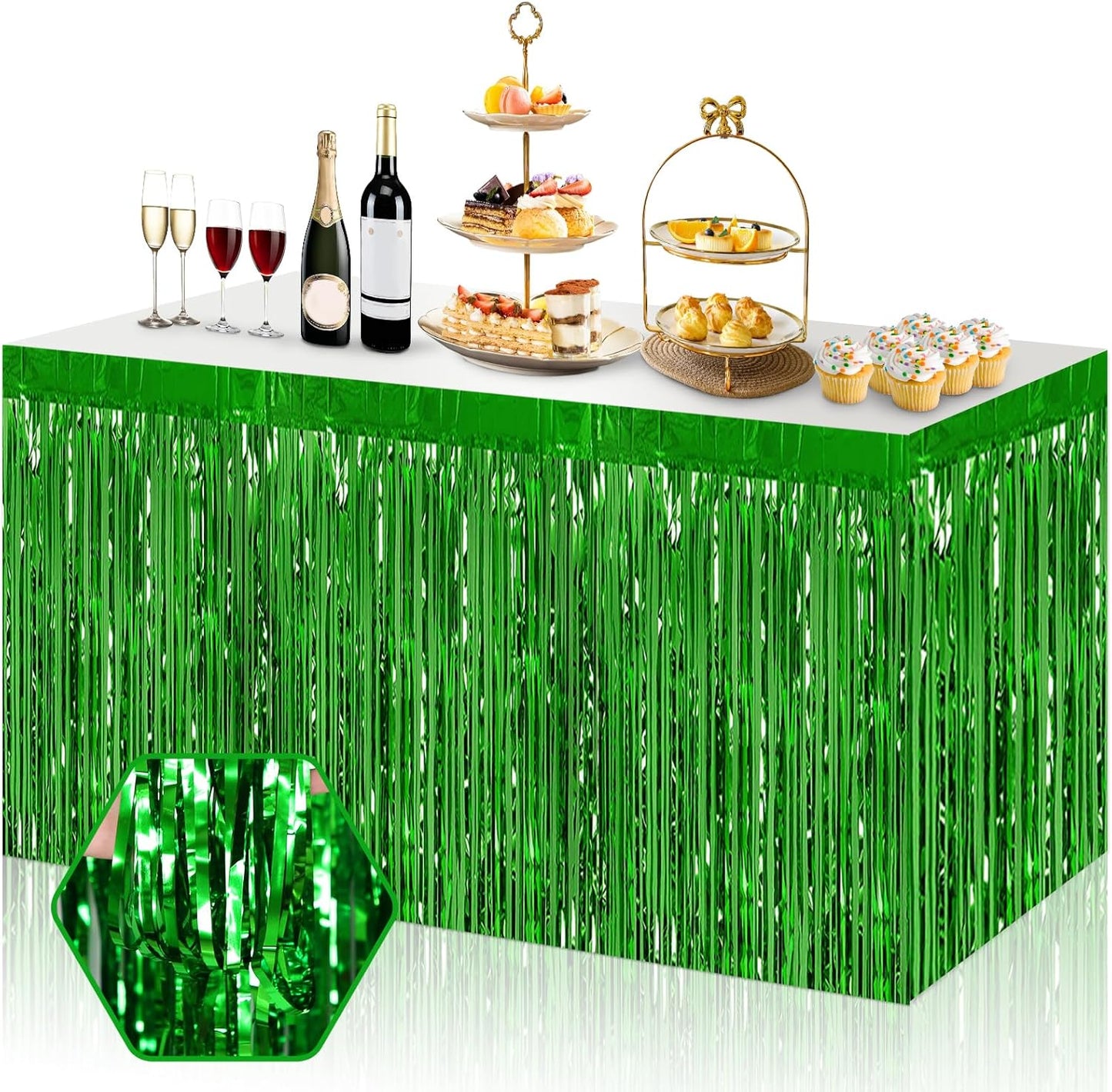 3 Pack 29x108 Inch Green Foil Fringe Table Skirts Metallic Banner for Tinsel Streamer Garland Backdrop for Parade Floats Wedding Thanksgiving Birthday Christmas Halloween Party Decoration