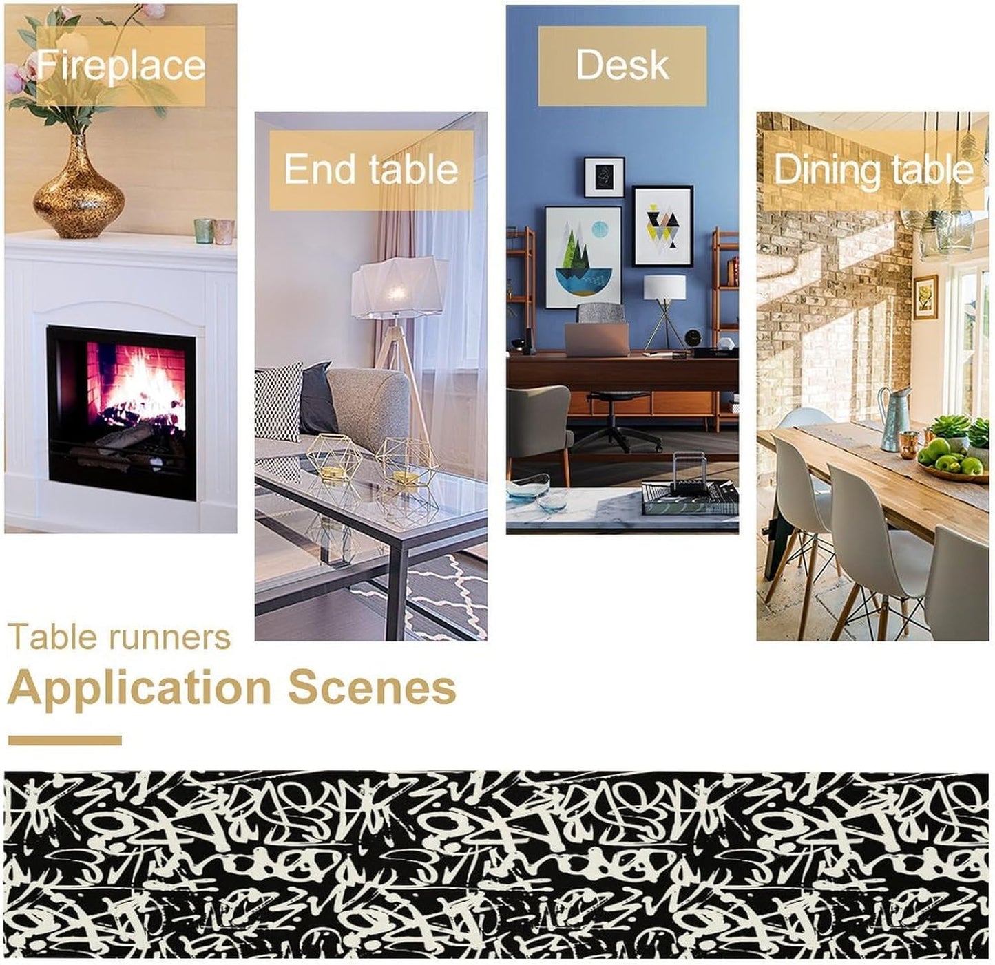 Graffiti Table Runner,Black White Abstract Messy Art Theme Pattern Print Tablecloth Burlap for Hotel Indoors Outdoor Dining Room Kitchen Home Decor,W13X L70 in