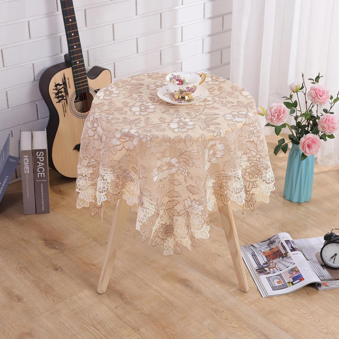 Round Embroidered Lace Tablecloth Vintage Decorative Exquisite Border Table Cover for Party Wedding Home Decorations, Round-35, Beige