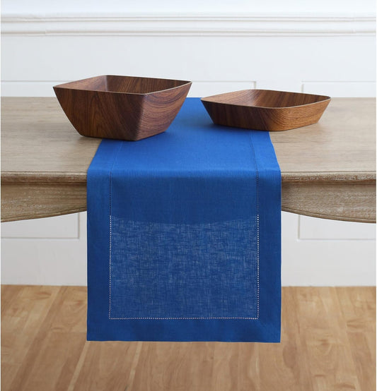 Solino Home Linen Royal Blue Table Runner 90 Inches Long - 100% Pure Linen 14 x 90 Inch Table Runner for Christmas - Classic Hemstitch