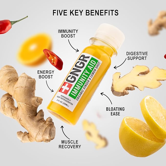 +GNGR Immunity Aid Organic Ginger and Lemon Shot - Cold Pressed Ginger Shots with Echinacea, Lemon Juice, Honey, Zinc & Vitamin D3, Immune & Digestive Support (2 Oz, Pack of 12)