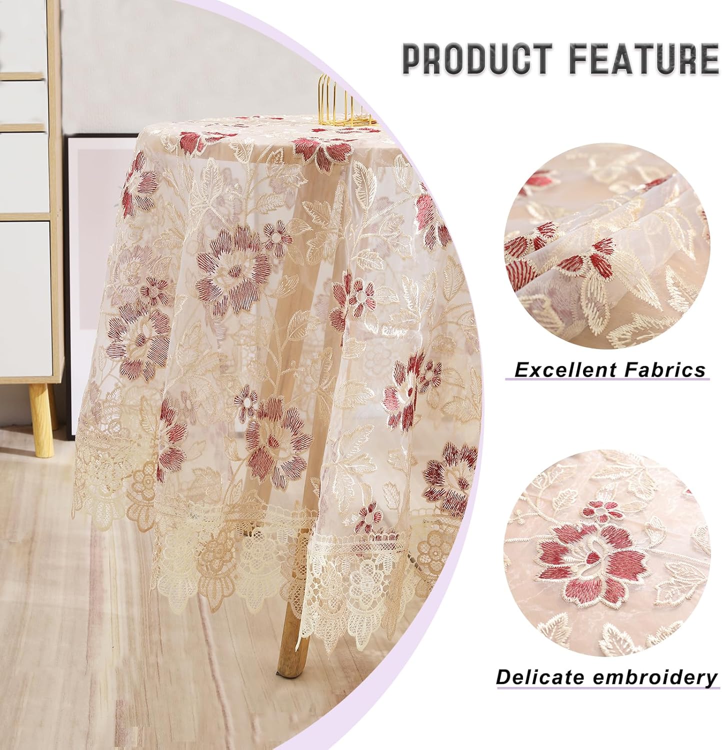 Round Embroidered Lace Tablecloth Vintage Decorative Exquisite Border Table Cover for Party Wedding Home Decorations, Round-70 inch, Red