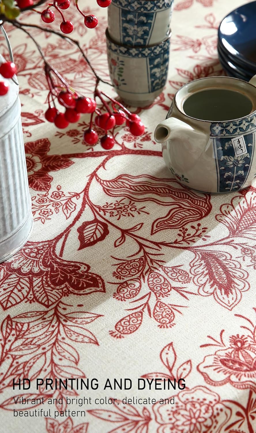 ISAENNE Designer French Linen Round Tablecloth,Red Floral Washable Indoor Table Cloth,Durable Home Decor Tablecloths for Dining Thanksgiving Kitchen Party Christmas,Diameter 67"-Ruyi A